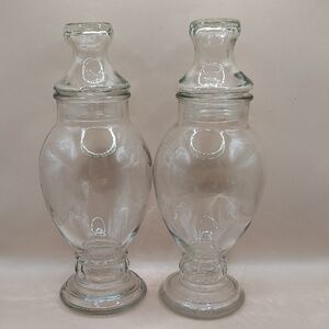 Set Of Vintage Clear Glass Footed Apothecary Jars With Lids 10" Tall